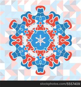 Mandala art vector in red and blue colors over triangles background