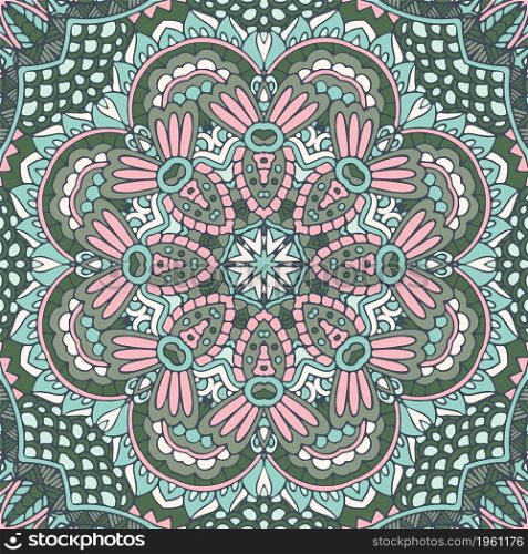 Mandala boho decorated background handdrawn. Abstract geometric tiled ethnic seamless pattern ornamental. design with doodle elements. Arabesque medallion grunge vector. Vector floral art lacy zentangle inspirated mandala pattern
