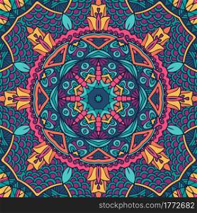 Mandala color festive indian pattern. Abstract geometric vector psychedelic print. Aztec style background. Tribal indian ethnic seamless design. Festive colorful mandala pattern
