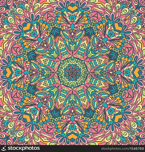 Mandala doodle lines decorated background. Abstract geometric vector tiled boho ethnic seamless pattern ornamental.. Tribal indian flower ethnic seamless design. Festive colorful mandala pattern ornament