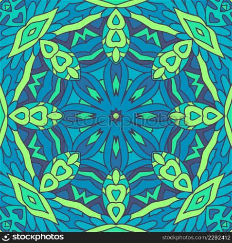 Mandala ethnic festival art seamless pattern. Vector geometric carnival indian style print. Abstract repeating kaleidoscopic background texture in blue and green colors.. Kaleidoscopic mandala art abstract drawing pattern. Grunge graphic