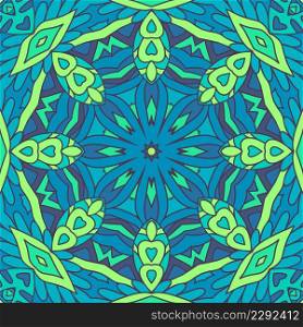 Mandala ethnic festival art seamless pattern. Vector geometric carnival indian style print. Abstract repeating kaleidoscopic background texture in blue and green colors.. Kaleidoscopic mandala art abstract drawing pattern. Grunge graphic