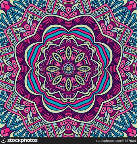 Mandala festival art seamless pattern. Ethnic geometric print. Colorful repeating background texture. Fabric, cloth design, wallpaper, wrapping. Abstract festive colorful floral mandala vector ethnic boho pattern