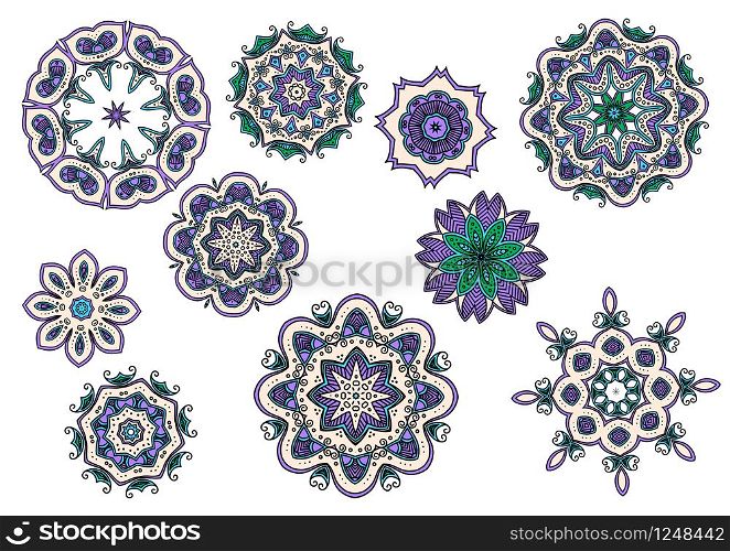 Mandala floral ornaments with vector paisley pattern of Indian and Arabic ethnic flowers. Round lace ornaments with green and purple geometric and Persian tribal motifs, arabesque curls and leaves. Mandala flowers with paisley floral ornaments