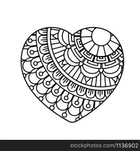 Mandala heart. Valentines day adult coloring page. Vector illustration. Isolated on white background. Valentines day coloring page