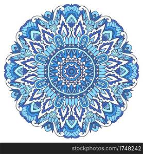 Mandala illustration with stylized snowflake. Blue winter background christmas decoration. Arabesque ornament. Abstract Winter Blue ethnic geometric arabesque mandala.