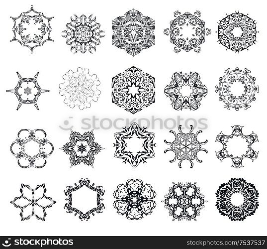 Mandala or snowflake for design, birthday mandala and other holiday mandala or snowflake, kaleidoscope mandala, medallion mandala, yoga, india, arabic mandala. Geometric circle mandala or snowflake element. Ornament round set with mandala