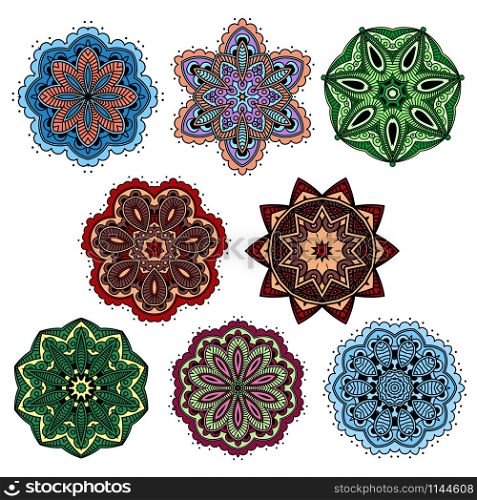 Mandala ornaments vector design of round paisley pattern and Indian floral motifs. Arabic flowers with ornate leaves and petals of ethnic lace, arabesque swirls and Persian mosaic elements. Paisley floral pattern or Indian mandala ornaments