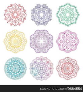 Mandala. Round floral ornament isolated on white background. Decorative design element. Black and white outline vector. Mandala round floral ornament. Decorative design element. Color outline vector illustration for coloring book, print, template, T-shirt and other items.