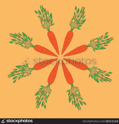 Mandala shape made of carrots, colored cartoon illustration over an orange background
