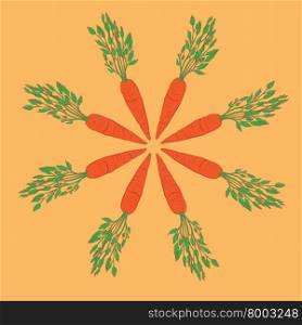 Mandala shape made of carrots, colored cartoon illustration over an orange background
