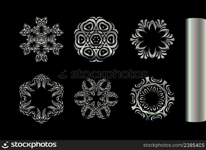 Mandala silver vintage decorative elements. Set of ethnic silver fractal mandala. Vector meditation silver set. Set of silver fractal mandala