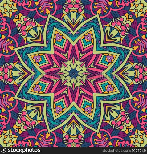 Mandala star ethnic festival art seamless pattern. Vector geometric carnival indian style print. Colorful repeating kaleidoscopic background arabesque. Vector seamless pattern ethnic boho art mandala. Doodle design with colorful ornament.