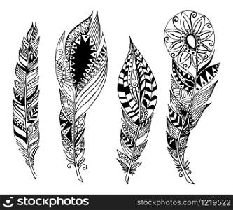 Mandala style feathers. Vector Set collection. Creative bohemian hipster concept for bridal, wedding invitation, card. Isolated on white background.