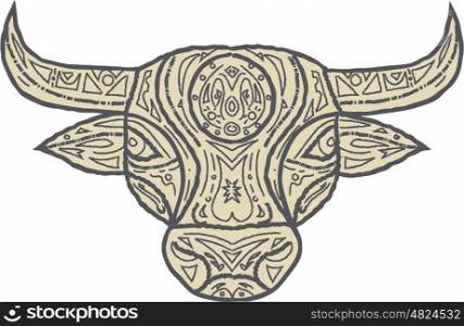 Mandala style illustration of a bull cow head viewed from front set on isolated white background. . Bull Cow Head Front Mandala