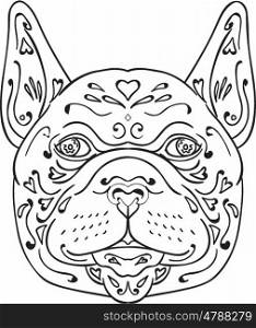 Mandala style illustration of a french bulldog head viewed from front set on isolated white background. . French Bulldog Head Mandala