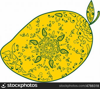 Mandala style illustration of a mango, a juicy tropical stone fruit drupe belonging to the genus Mangifera set on isolated white background with the word text Mango.