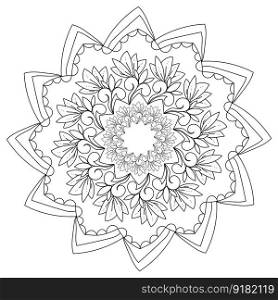 Mandala with curls and bunches of leaves, double circular pattern with repeating elements, coloring page with zen outline drawing, vector illustration for design and creativity