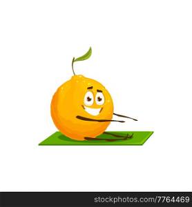 Mandarin, clementine, orange citrus fruit with leaf isolated cartoon character stretching on yoga mat on fitness. Vector tangerine healthy vegetarian food, exotic tropical dessert sport workout. Orange citrus fruit cartoon mascot, fitness sport