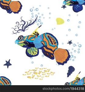Mandarin fish seamless patterns. beautiful character among seashells, seaweed, starfish, sea animal wildlife character. Nature underwater, marine wild ocean zoo fish. Mandarin fish seamless patterns. beautiful character among seashells, seaweed, starfish, sea animal wildlife character. Nature underwater, marine wild ocean zoo fish.