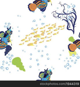 Mandarin fish seamless patterns. beautiful character among seashells, seaweed, starfish, sea animal wildlife character. Nature underwater, marine wild ocean zoo fish. Mandarin fish seamless patterns. beautiful character among seashells, seaweed, starfish, sea animal wildlife character. Nature underwater, marine wild ocean zoo fish.