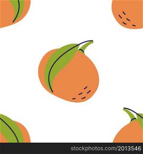 Mandarin fruit with leaf. Tangerine seamless pattern. Hand drawn vector illustration. Citrus exotic food.. Mandarin fruit with leaf. Tangerine seamless pattern. Hand drawn vector illustration. Citrus exotic food