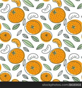 Mandarin sketch seamless pattern. Hand drawn fresh tropical citrus fruit. Vector tangerine background. Colorful doodle wallpaper. Orange and white print