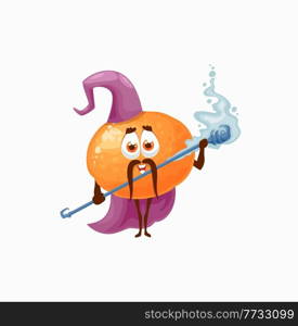 Mandarin, tangerine or orange magician witch, wizard cartoon character with stick, in fairy cap and cape isolated. Vector exotic citrus with magic wand, funny clementine magic kids vitamin food. Orange citrus fruit magician wizard in hat, cape