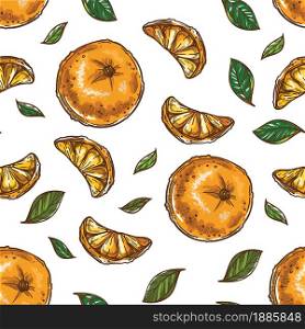 Mandarins and spices, citrus and mint leaves seamless pattern isolated on white. Refreshing products seasonal ingredients. Clementines or tangerines, vegetarian or vegan menu, vector in flat style. Citrus and herbs, mandarins and mint leaves seamless pattern