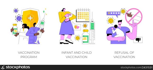 Mandatory immunization abstract concept vector illustration set. Vaccination program for Infant and child, refusal of vaccination, childhood infectious diseases, public healthcare abstract metaphor.. Mandatory immunization abstract concept vector illustrations.