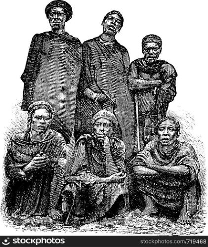 Mandombe Men of Congo, Central Africa, engraving based on the English edition, vintage illustration. Le Tour du Monde, Travel Journal, 1881