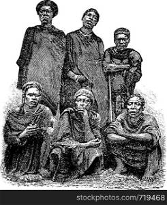Mandombe Men of Congo, Central Africa, engraving based on the English edition, vintage illustration. Le Tour du Monde, Travel Journal, 1881
