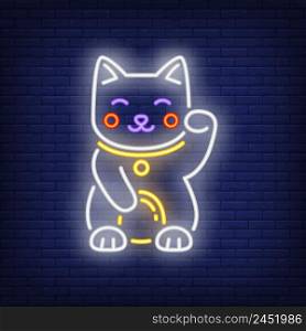 Maneki Neko cat neon sign. Japanese mascot of luck design. Night bright neon sign, colorful billboard, light banner. Vector illustration in neon style.