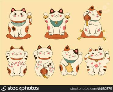 Maneki neko. Chinese authentic character asian lucky cat belling gifts recent vector stylized animals. Illustration of chinese cat character neko. Maneki neko. Chinese authentic character asian lucky cat belling gifts recent vector stylized animals