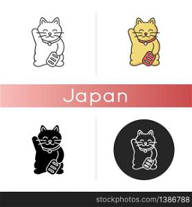 Maneki neko icon. Traditional japanese mascot to bring fortune. Oriental souvenir from Japan. Kitty talisman for luck. Linear black and RGB color styles. Isolated vector illustrations. Maneki neko icon