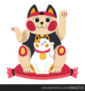 Maneki neko statuette of animal, japanese or chinese culture and traditions. Cats on pillow, smiling symbol of prosperity, wealth and prosperity in asia. Talisman for luck. Vector in flat style. Japanese or chinese cats symbol, animal statuette