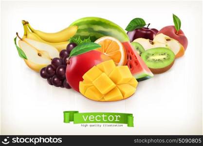 Mango and juicy fruits, vector illustration isolated on white