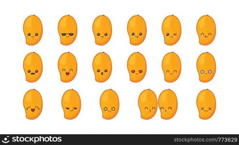 Mango cute kawaii mascot. Set kawaii food faces expressions smile emoticons.