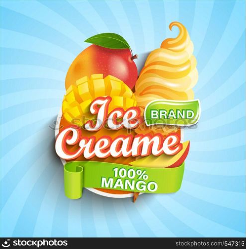 Mango Ice cream logo on sunburst background with fruit and sundae in cone in cartoon style for your design.Gelato for banner,poster,brand,template and label,packaging,packing, emblem. Vector.. Mango Ice cream logo, label or emblem.