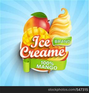 Mango Ice cream logo on sunburst background with fruit and sundae in cone in cartoon style for your design.Gelato for banner,poster,brand,template and label,packaging,packing, emblem. Vector.. Mango Ice cream logo, label or emblem.