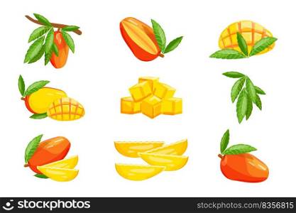 Mango icons set cartoon vector. Mango slices. Ripe piece. Mango icons set cartoon vector. Mango slices