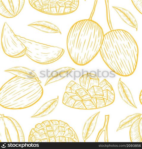 Mango seamless pattern vector illustration. Fruits mango sketch vintage background. Template with orange mango for fabric, packaging and design. Mango seamless pattern vector illustration