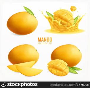 Mango set with realistic isolated images of whole ripe fruits with leaves and slices water splash vector illustration