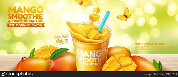 Mango smoothie banner ads on bokeh green glitter background in 3d illustration. Mango smoothie banner ads