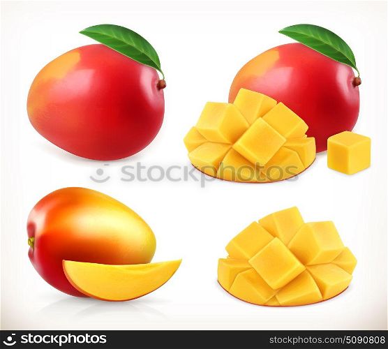 Mango. Whole and pieces. Sweet fruit. 3d vector icons set. Realistic illustration