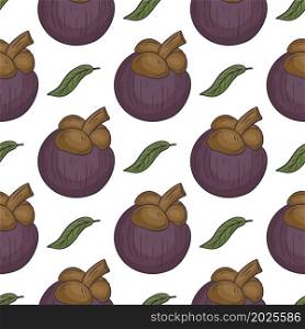 Mangosteen fruit seamless pattern. Background with exotic fruits, vector illustration. Template with food for packaging, paper and fabric. Mangosteen fruit seamless pattern