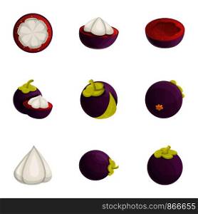 Mangosteen icon set. Cartoon set of 9 mangosteen vector icons for web design isolated on white background. Mangosteen icon set, cartoon style