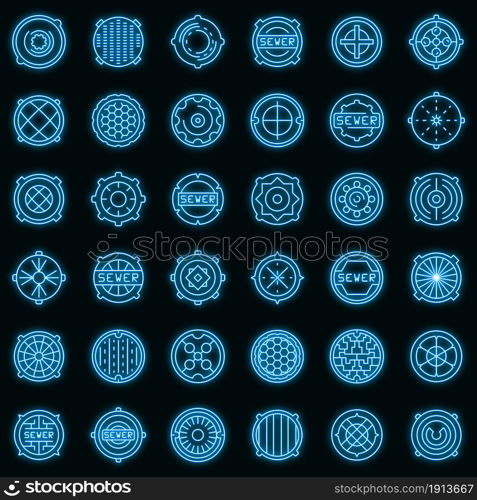 Manhole icons set. Outline set of manhole vector icons neon color on black. Manhole icons set vector neon