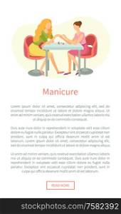Manicure and hand treatment, nails polishing vector web poster. Manicurist and client sitting at table. Body care procedure on fingers in spa salon. Manicure and Hand Treatment Nails Polishing Vector