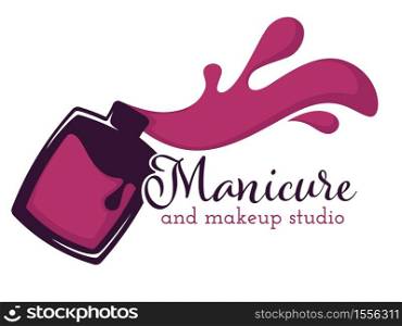 Manicure and makeup salon beauty nail and hand care isolated icon nail polish or varnish bottle and brush vector color splash pedicure skincare, fingernails and toenails spa procedures emblem or logo. Nail polish manicure and makeup salon isolated icon
